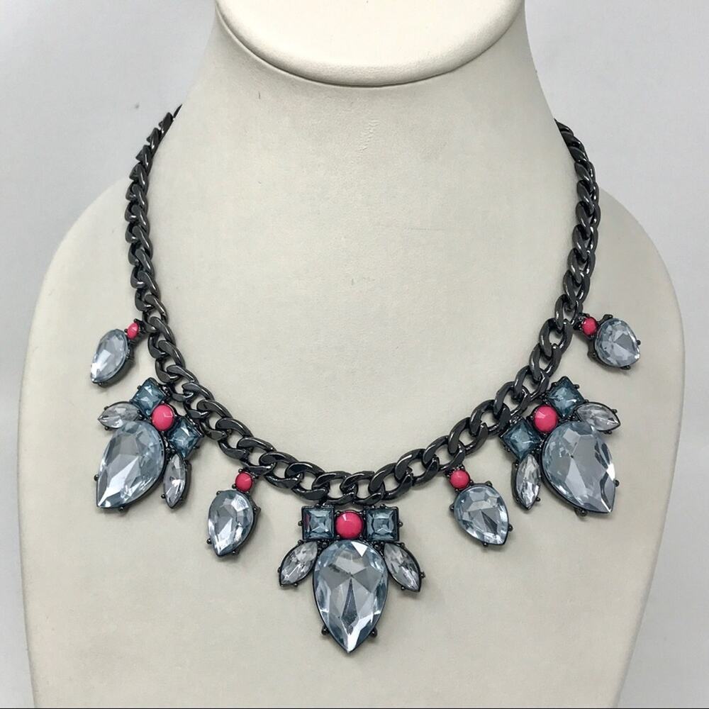 BaubleBar Silver & Pink Stones Statement Necklace Black Snake Chain